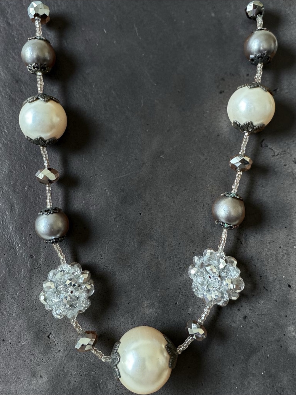 Pearl and Crystal Beaded Necklace - Pearl White and Pewter Gray
